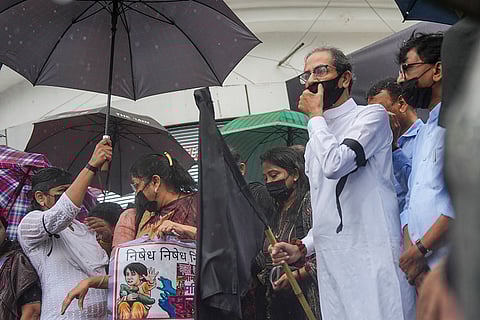 Badlapur sexual assault case: Uddhav Thackeray, party leader Sanjay Raut during a peaceful protest